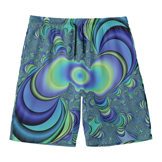 Blue Fractal Print Men's Swim Trunks