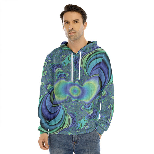 Blue Fractal Print Men's Velvet Pullover Hoodie