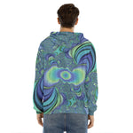 Blue Fractal Print Men's Velvet Pullover Hoodie