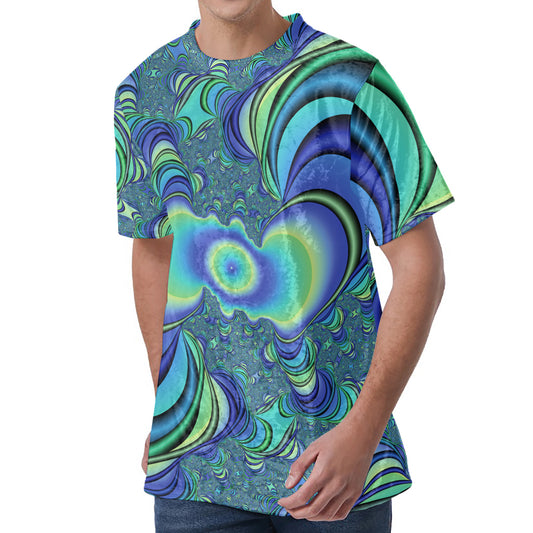 Blue Fractal Print Men's Velvet T-Shirt