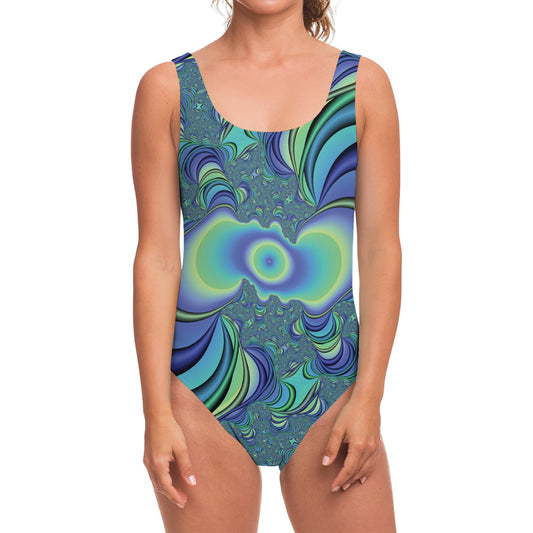 Blue Fractal Print One Piece Swimsuit