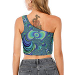 Blue Fractal Print One Shoulder Crop Top