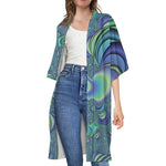 Blue Fractal Print Open Front Beach Cover Up