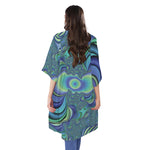 Blue Fractal Print Open Front Beach Cover Up