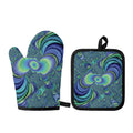 Blue Fractal Print Oven Mitt And Pot Holder Set