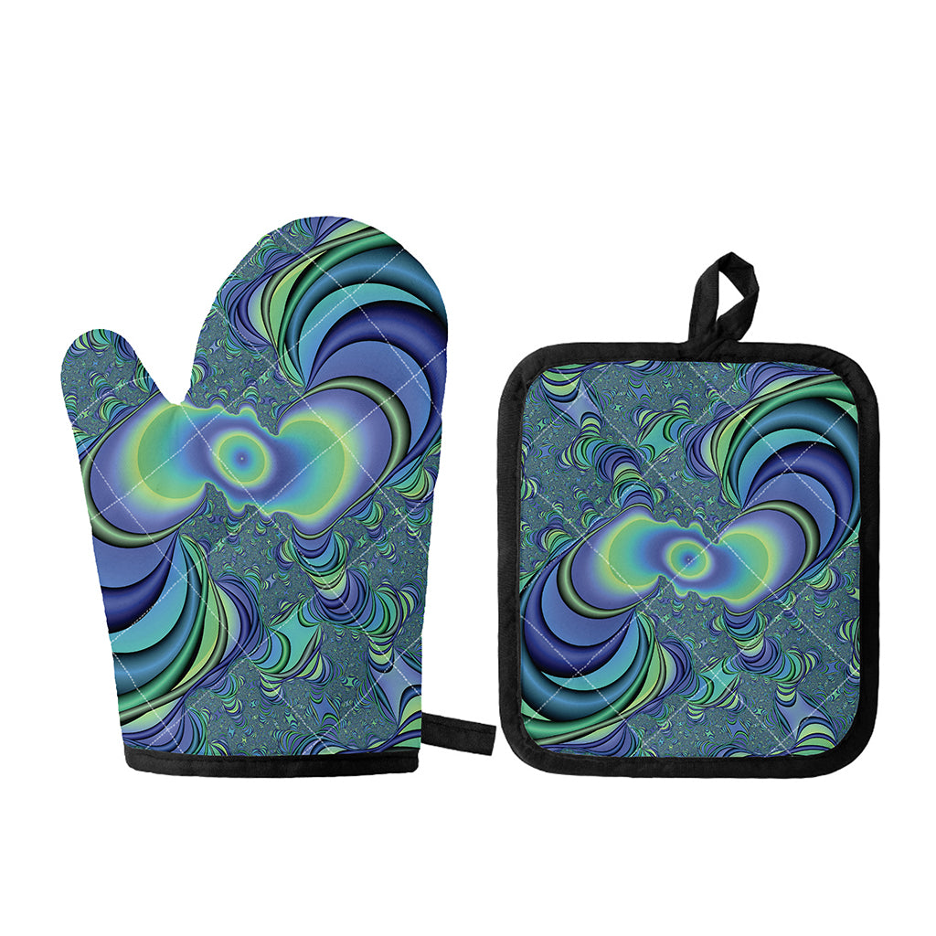 Blue Fractal Print Oven Mitt And Pot Holder Set