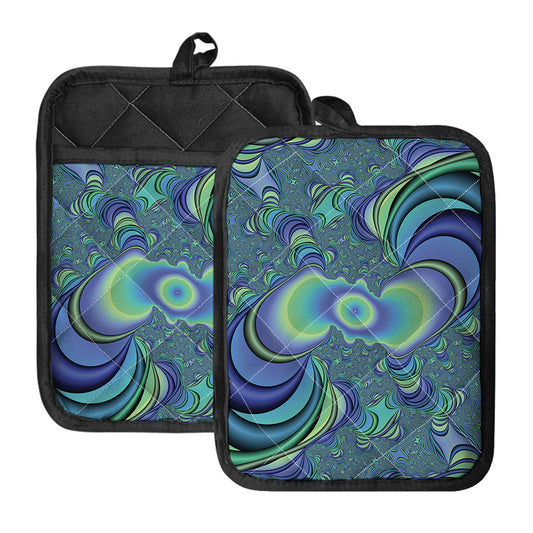 Blue Fractal Print Pot Holders With Pocket