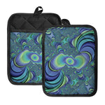 Blue Fractal Print Pot Holders With Pocket