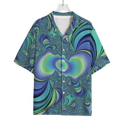 Blue Fractal Print Rayon Hawaiian Shirt