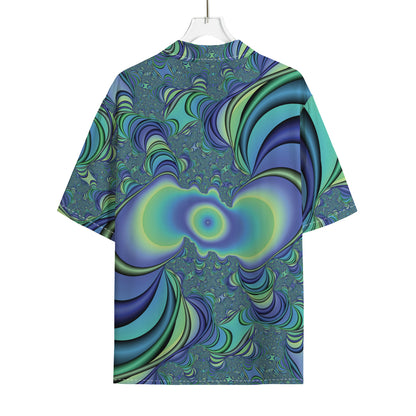 Blue Fractal Print Rayon Hawaiian Shirt