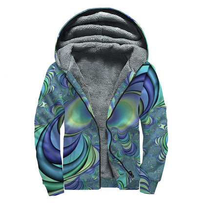 Blue Fractal Print Sherpa Lined Zip Up Hoodie