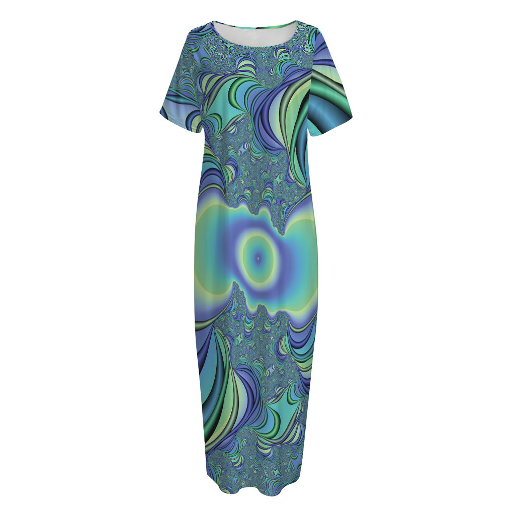 Blue Fractal Print Short Sleeve Long Nightdress