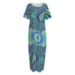 Blue Fractal Print Short Sleeve Long Nightdress