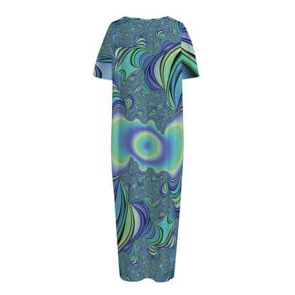 Blue Fractal Print Short Sleeve Long Nightdress
