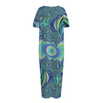 Blue Fractal Print Short Sleeve Long Nightdress