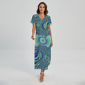 Blue Fractal Print Short Sleeve Maxi Dress