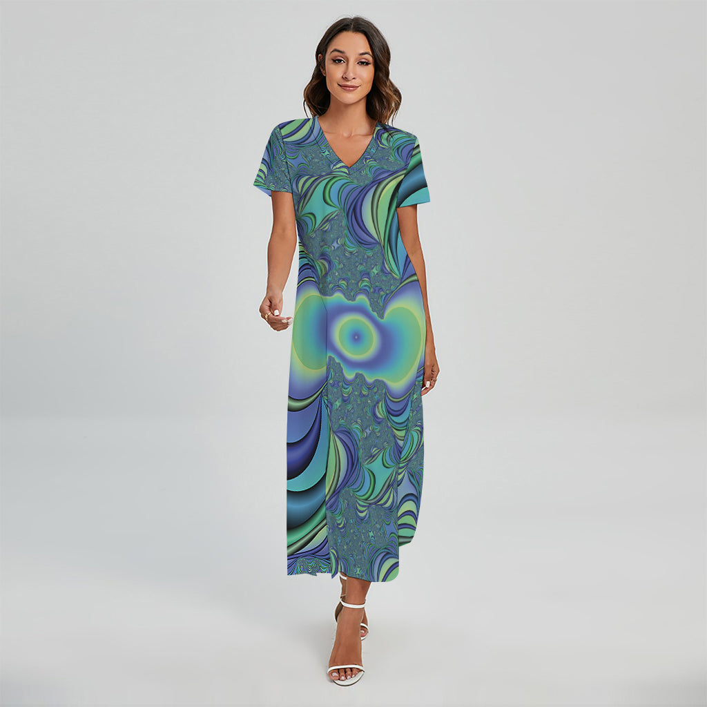 Blue Fractal Print Short Sleeve Maxi Dress
