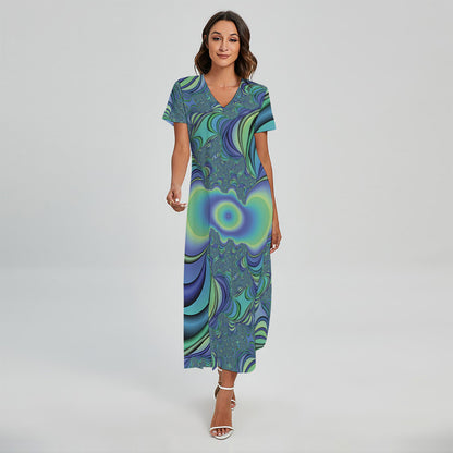 Blue Fractal Print Short Sleeve Maxi Dress