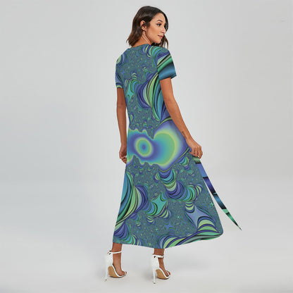 Blue Fractal Print Short Sleeve Maxi Dress
