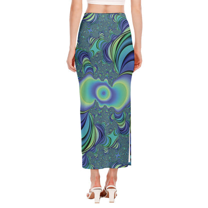 Blue Fractal Print Side Slit Maxi Skirt