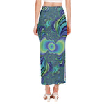 Blue Fractal Print Side Slit Maxi Skirt