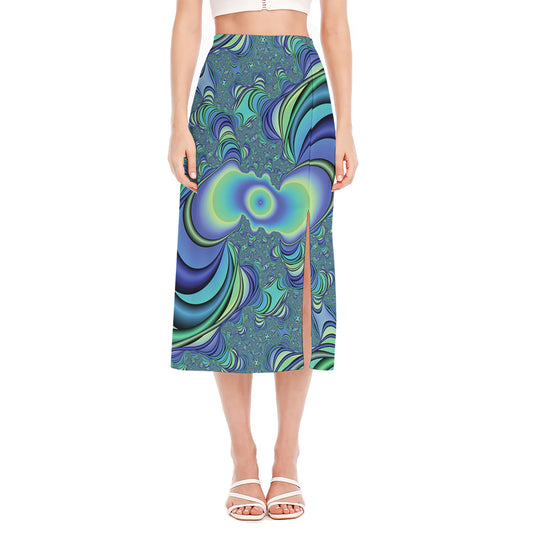 Blue Fractal Print Side Slit Midi Skirt