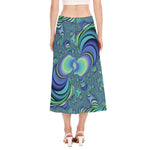 Blue Fractal Print Side Slit Midi Skirt