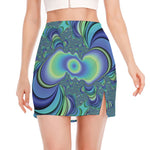 Blue Fractal Print Side Slit Mini Skirt