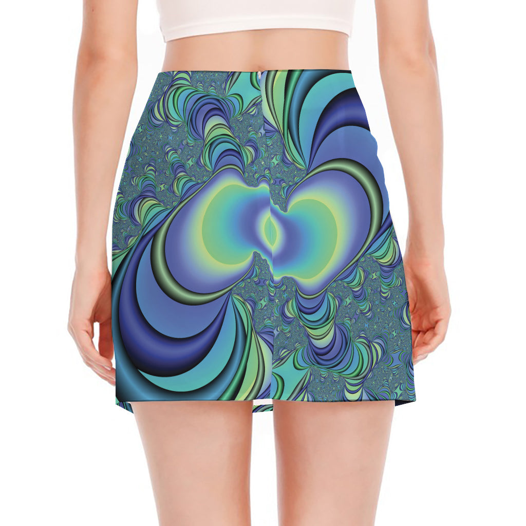 Blue Fractal Print Side Slit Mini Skirt