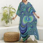 Blue Fractal Print Silk V-Neck Kaftan Dress