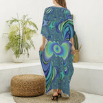 Blue Fractal Print Silk V-Neck Kaftan Dress