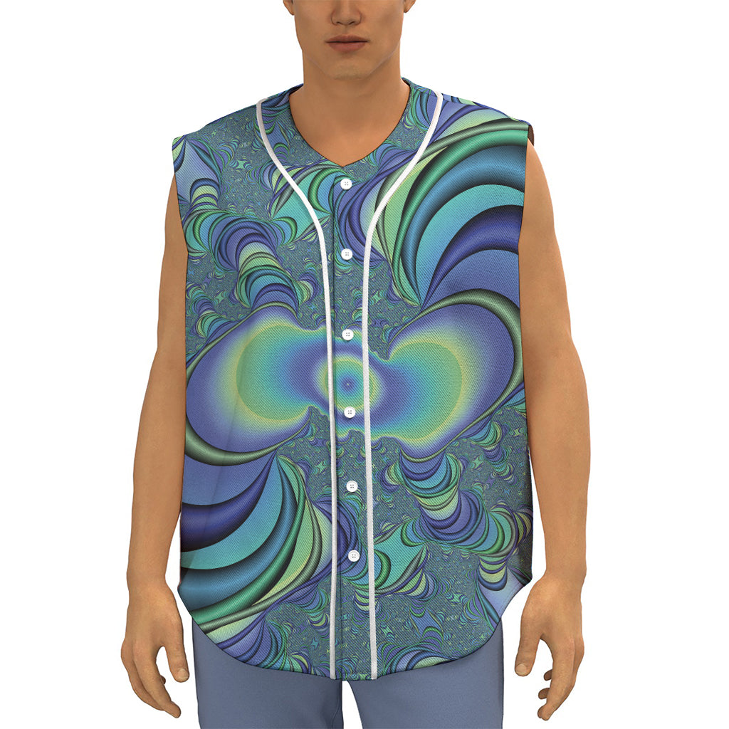 Blue Fractal Print Sleeveless Baseball Jersey