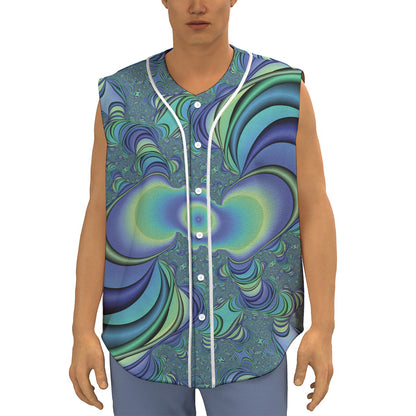 Blue Fractal Print Sleeveless Baseball Jersey