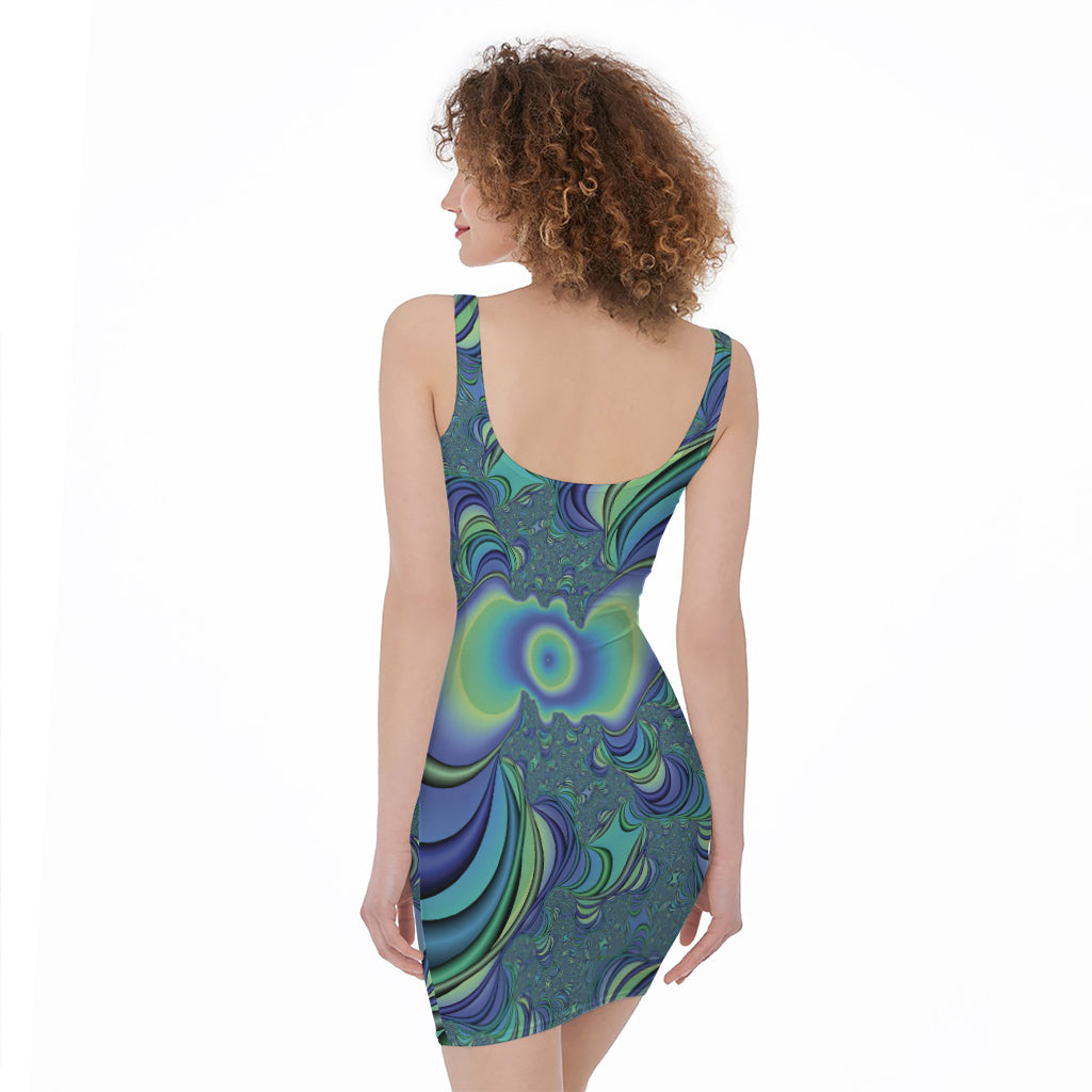 Blue Fractal Print Sleeveless Bodycon Dress