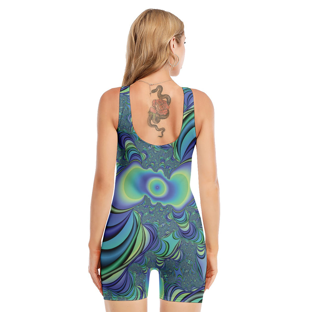 Blue Fractal Print Sleeveless One Piece Swimsuit