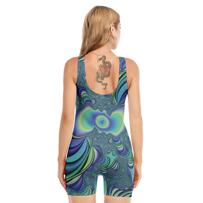 Blue Fractal Print Sleeveless One Piece Swimsuit