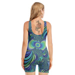 Blue Fractal Print Sleeveless One Piece Swimsuit