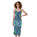 Blue Fractal Print Slim Fit Midi Cami Dress