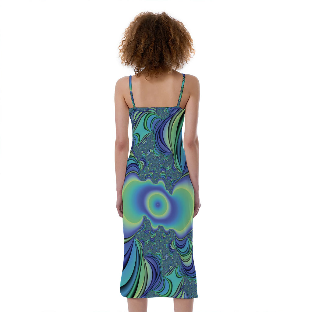 Blue Fractal Print Slim Fit Midi Cami Dress