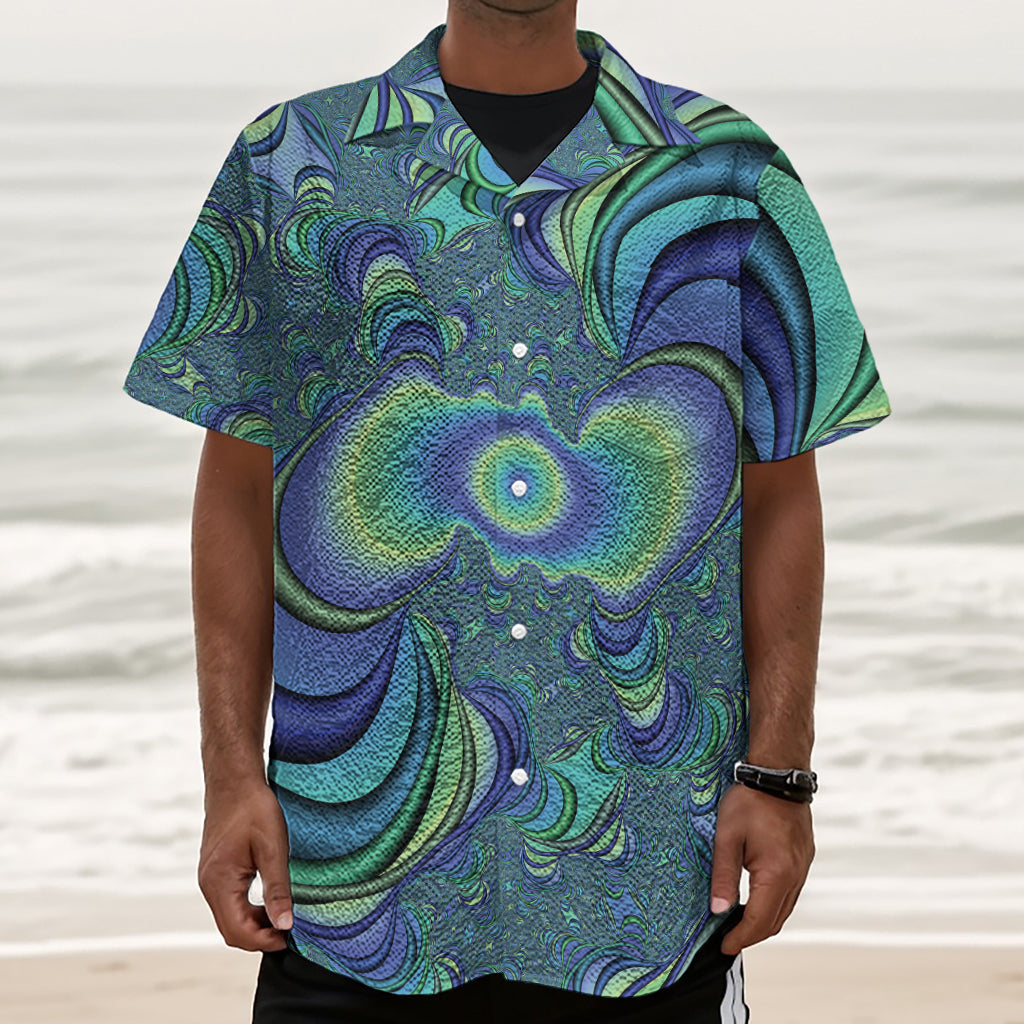 Blue Fractal Print Textured Short Sleeve Shirt