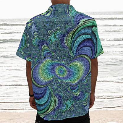 Blue Fractal Print Textured Short Sleeve Shirt