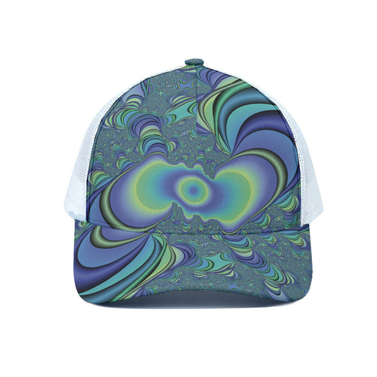 Blue Fractal Print White Mesh Trucker Cap
