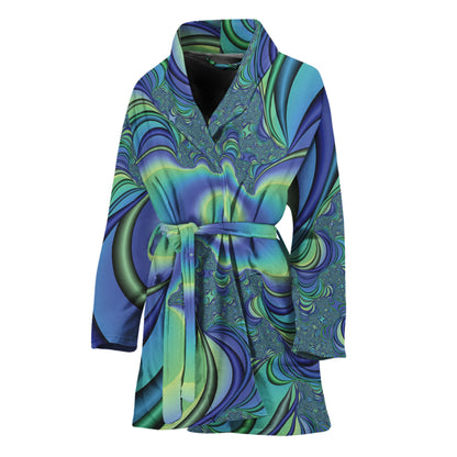 Blue Fractal Print Women's Bathrobe