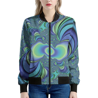 Blue Fractal Print Women's Bomber Jacket