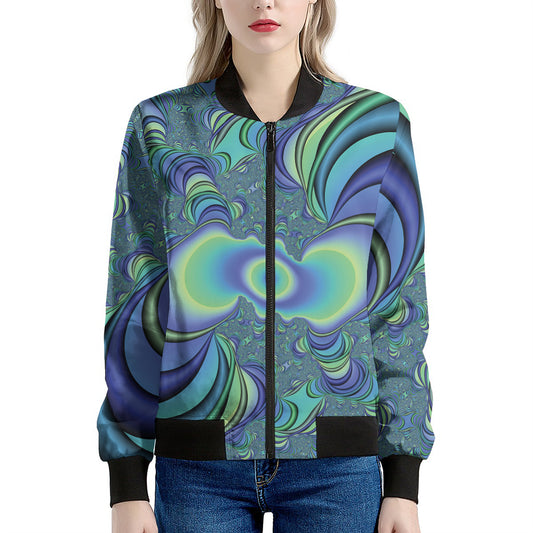 Blue Fractal Print Women's Bomber Jacket