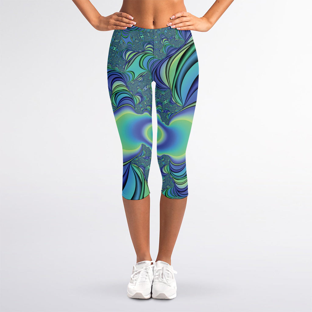 Blue Fractal Print Women's Capri Leggings