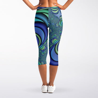 Blue Fractal Print Women's Capri Leggings