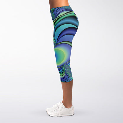 Blue Fractal Print Women's Capri Leggings