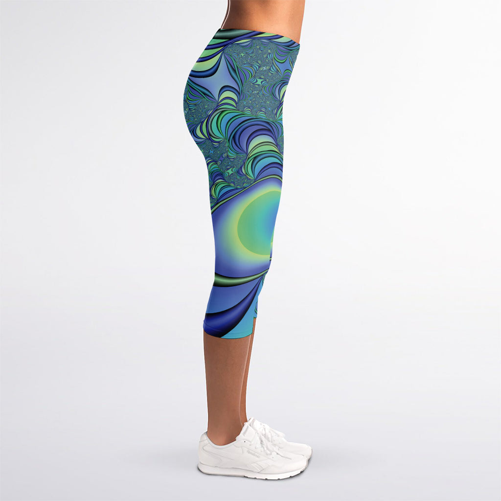 Blue Fractal Print Women's Capri Leggings