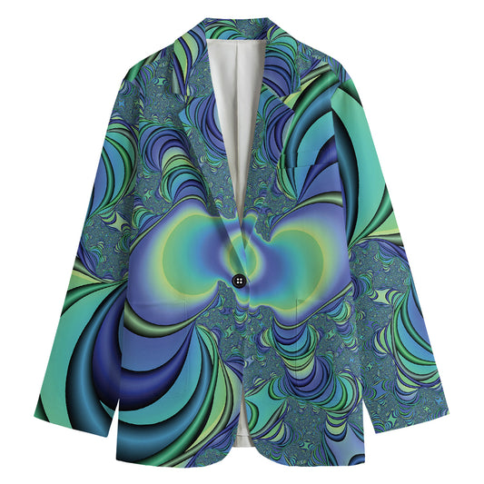 Blue Fractal Print Women's Cotton Blazer